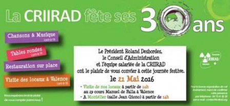 30 ans de la CRIIRAD !
Samedi 21 mai 2016 à Montélier (26) à la salle Jean Giono - Avenue du Vercors