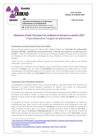 Détection de traces d’iode radioactif en Europe durant le mois de janvier 2017 ( IRSN )