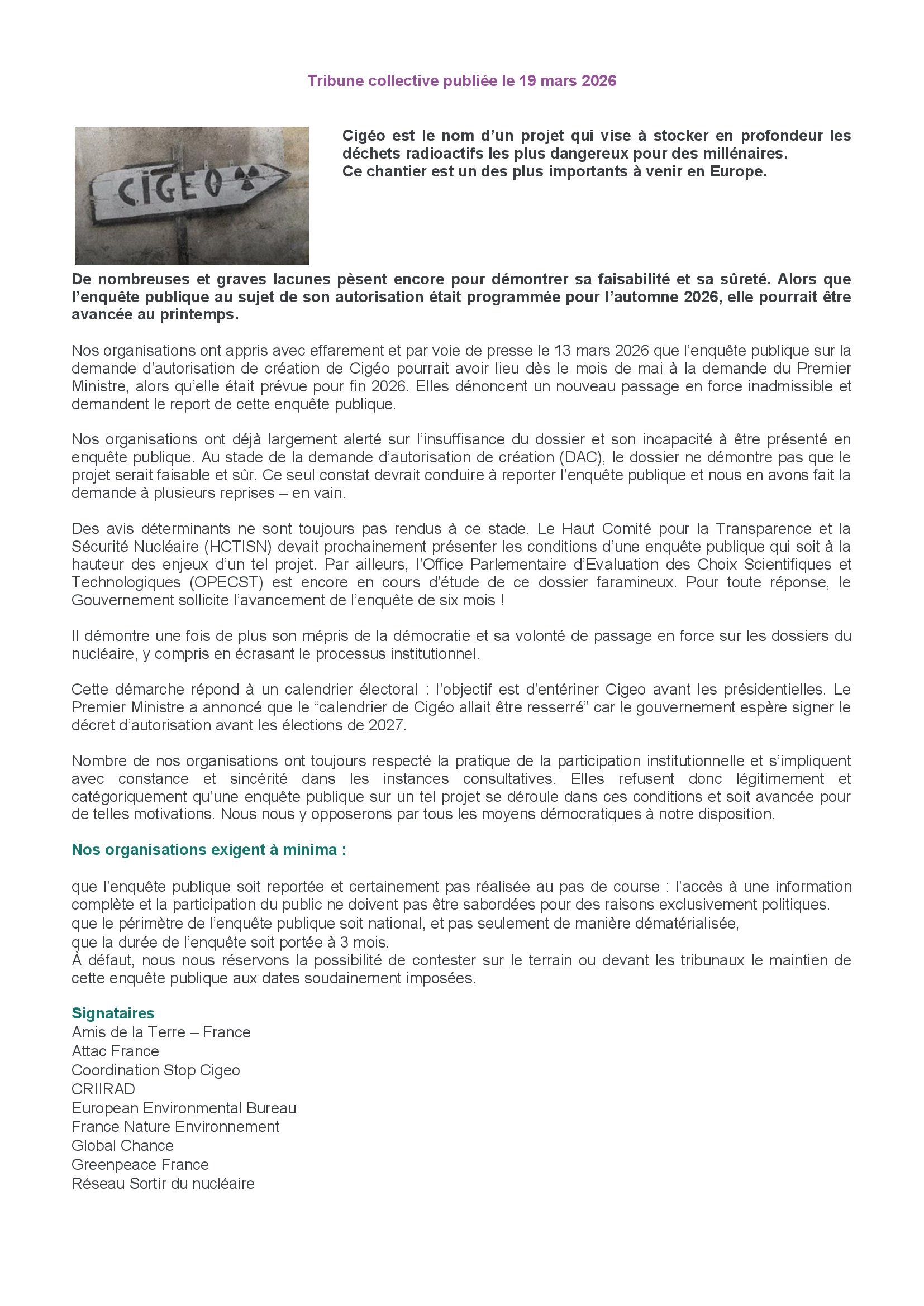 Contre l&rsquo;accélération des procédures du projet Cigéo